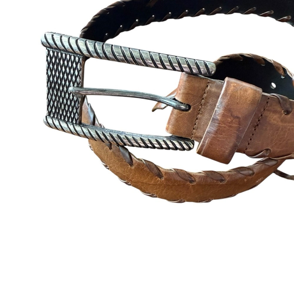 Vintage Leather Belt Large metal buckle whipstitch trim sz 32 medium